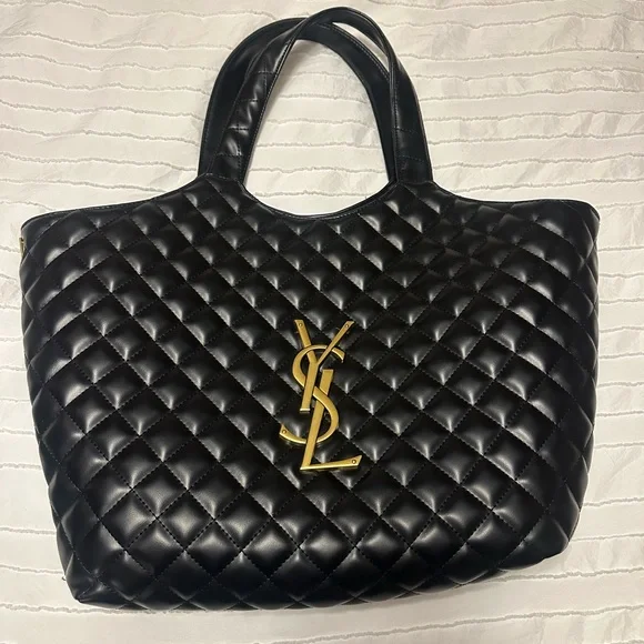 YSL Black Quilted Tote with Gold Logo - Picture 1 of 3